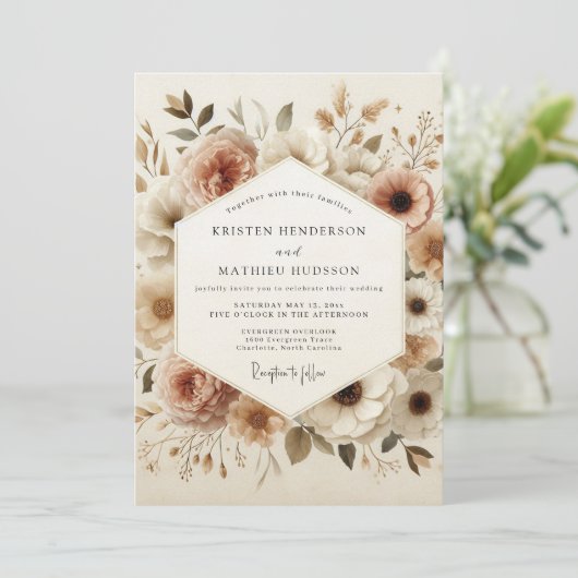 Invitation Beige Floral Bloom Wedding (Debout devant)