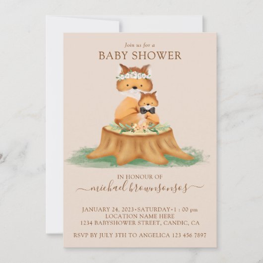 Invitation Beige Fox Aquarelle maman bébé garçon douche (Devant)