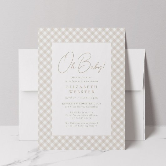 Invitation Beige gingham cute neutral Oh Baby baby shower