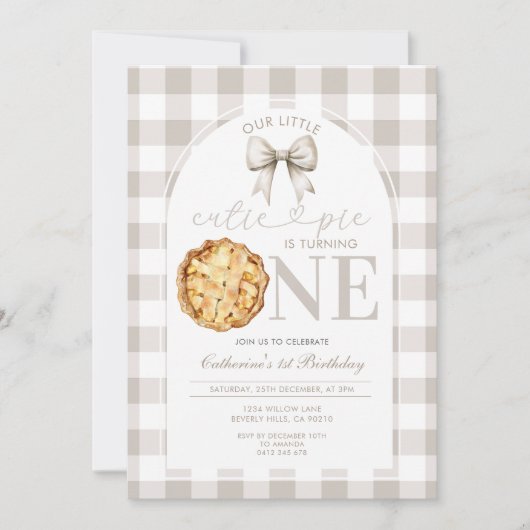 Invitation Beige Gingham Cutie Pie First Birthday (Devant)