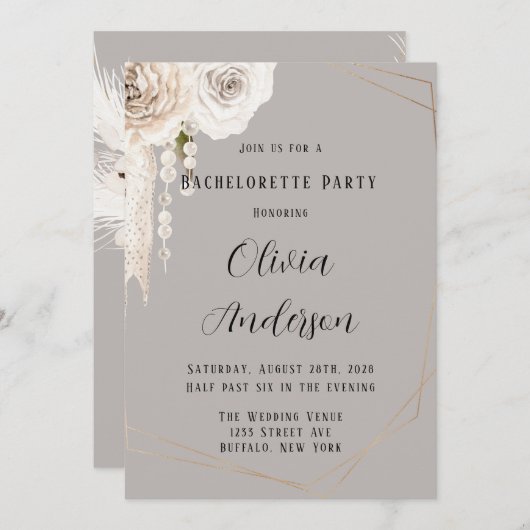 Invitation Beige Gris Blanc Perles Florales Bachelorette Part (Devant / Derrière)