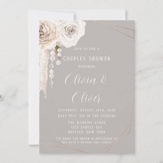 Invitation Beige Gris Blanc Perles Florales Couples Douche (Devant)