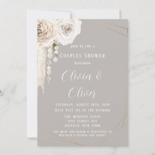 Invitation Beige Gris Blanc Perles Florales Couples Douche