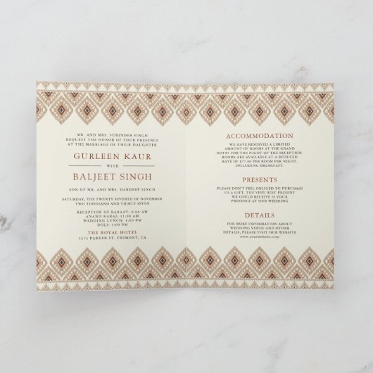 Invitation Beige Ikat All in One Anand Karaj Sikh Mariage (Intérieur)