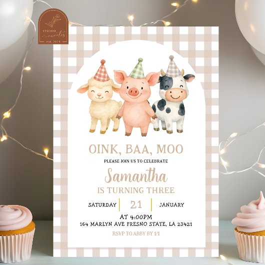 Invitation Beige Ivory Farm Party Gingham Birthday