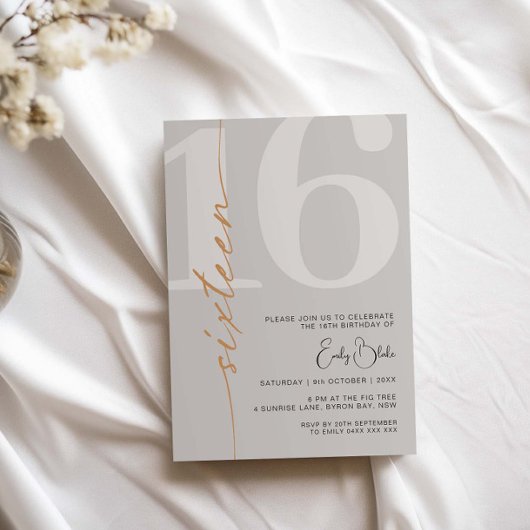 Invitation Beige minimaliste Seize fête d'anniversaire