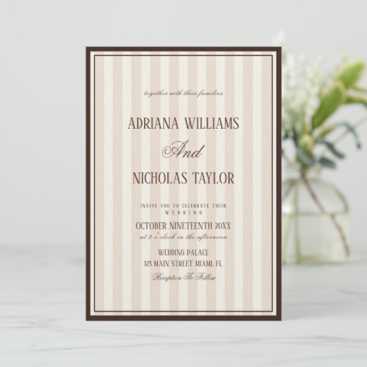 Invitation Beige Mocca Stripes Wedding (Debout devant)