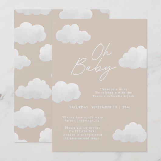 Invitation Beige naturel Oh Baby shower moderne design (Devant / Derrière)