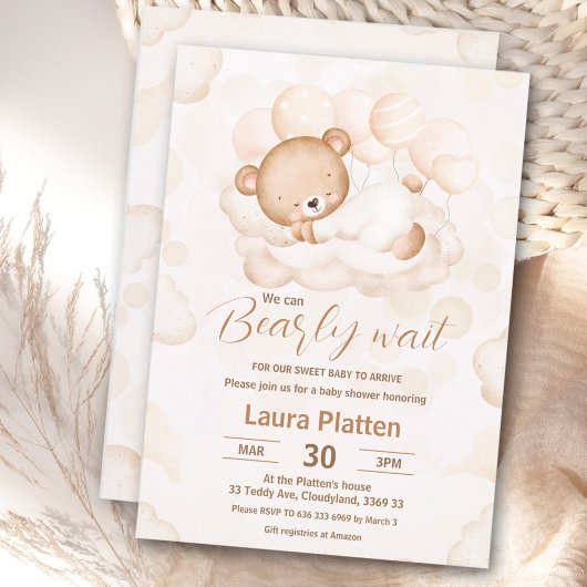Invitation Beige On Peut Attendre Rapidement Baby shower Ours