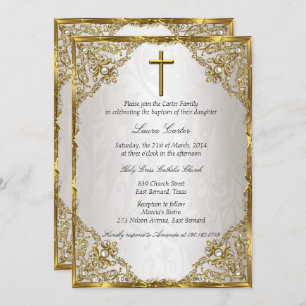 Invitation Beige or Perle Damask Croix Baptême / Christening