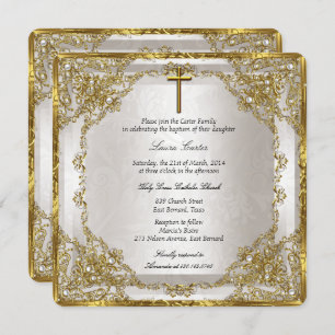Invitation Beige or Perle Damask Croix Baptême / Christening