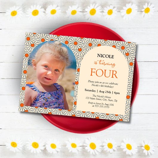 Invitation Beige Orange Daisies Floral Photo 4Anniversaire