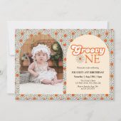 Invitation Beige Orange Daisy Photo Super 1er anniversaire (Devant)