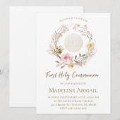 Invitation beige pink flowers Eucharist First Communion (Devant / Derrière)
