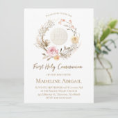 Invitation beige pink flowers Eucharist First Communion (Debout devant)