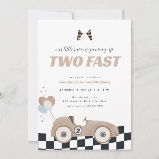 Invitation Beige Race Car Two Fast Second Birthday Invite  (Devant)