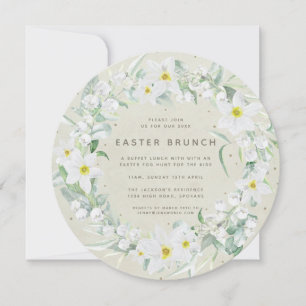 Invitation Beige ronde + Grille Florale blanche Brunch de Pâq