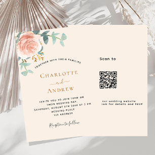 Invitation Beige rose or floral QR code RSVP mariage de luxe