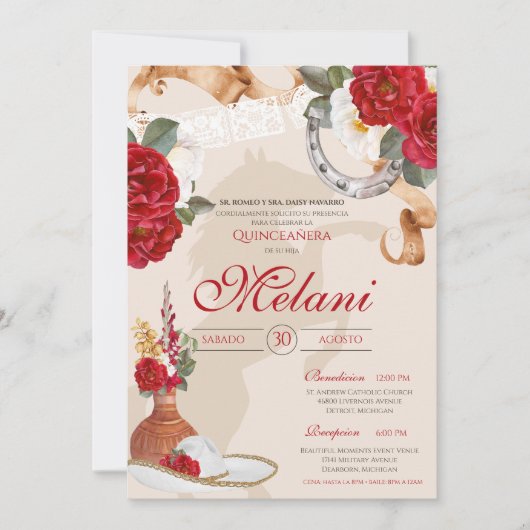 Invitation Beige rouge Elegant Rose Charro Mariachi Quinceane (Devant)