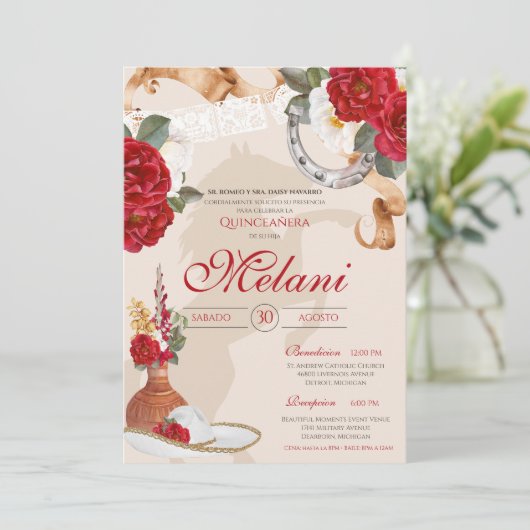 Invitation Beige rouge Elegant Rose Charro Mariachi Quinceane (Debout devant)
