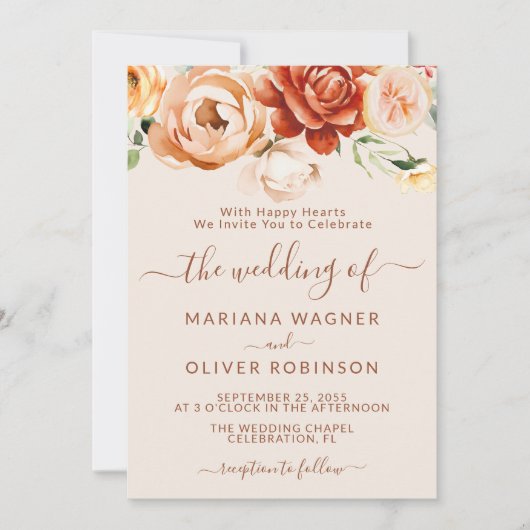 Invitation Beige rouille Elégant Mariage floral (Devant)