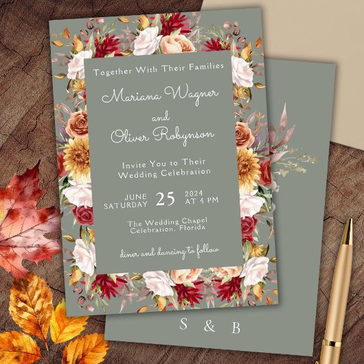Invitation Beige Sage Vert Automne Mariage Floral