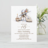 Invitation Beige Striped High Heel Shoes 50th Birthday Party (Debout devant)