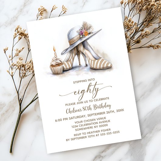 Invitation Beige Striped High Heel Shoes 80th Birthday Party