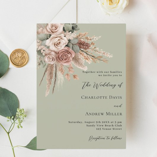 Invitation Beige taupe rose pampas herbe sauge vert mariage