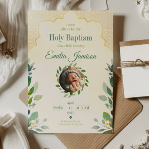 Invitation Beige Vert Élégant Baptême Floral Christening