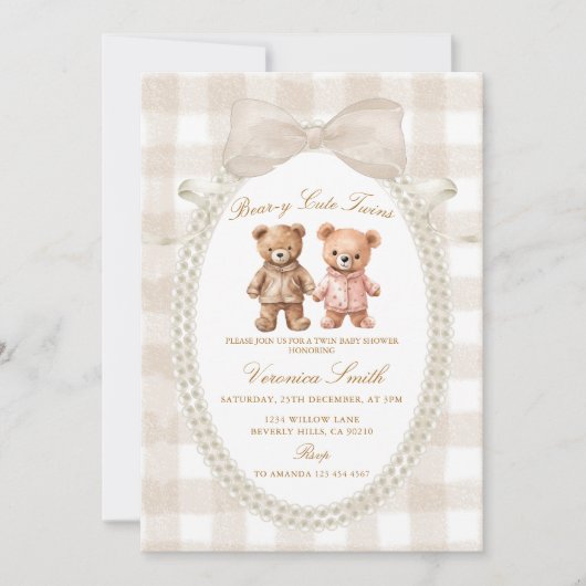 Invitation Beige White Bear-y Cute Twins Bear Baby Shower (Devant)