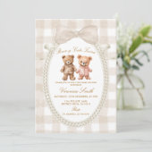 Invitation Beige White Bear-y Cute Twins Bear Baby Shower (Debout devant)