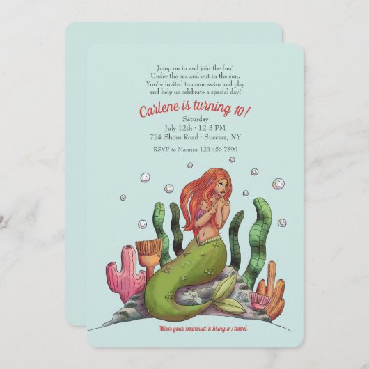 Invitation Bel anniversaire de sirène (Devant / Derrière)