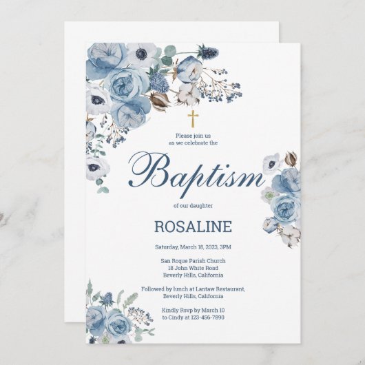 Invitation Bel Baptême Floral Bleu (Devant / Derrière)