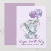 Invitation Bel éléphant de lavande avec les ballons pourpres (Devant / Derrière)