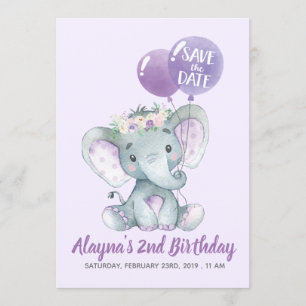 Invitation Bel éléphant de lavande avec les ballons pourpres