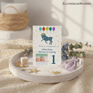 Invitation Bélier Premier Anniversaire Or & Ballons & Photo
