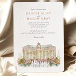 Invitation Bellagio Hotel & Casino Las Vegas Mariage<br><div class="desc">Invitation vos invités à une célébration spectaculaire avec cet élégant faire-part de mariage aquarelle, avec l'emblématique Bellagio Hotel & Casino à Las Vegas. L'oeuvre d'art exprime à merveille la grandeur du complexe, avec sa façade crème, beige et ocre clair, ses accents de bas niveau marron-rougeâtre/terre cuite et ses touches bleu-vert...</div>