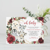 Invitation Belle Animaux d'hiver Bourgogne Floral Vert Bébé (Debout devant)