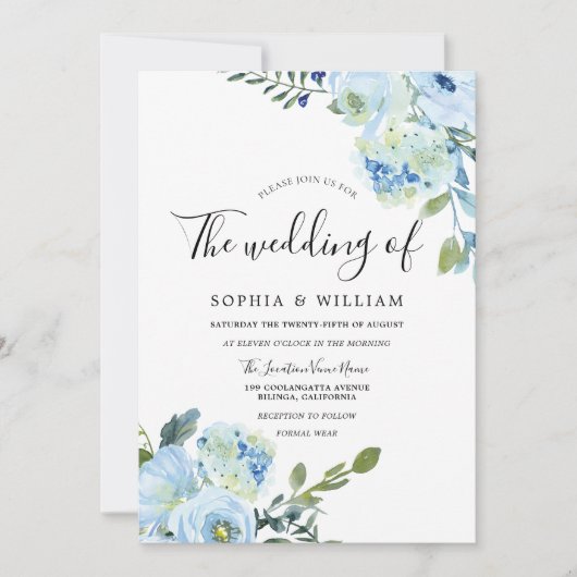 Invitation Belle Aquarelle Bleue Fleurs Mariage moderne (Devant)