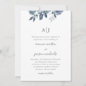 Invitation Belle Aquarelle Bleue Floral Monogramme Mariage (Devant)