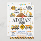 Invitation Belle aquarelle d'anniversaire Véhicules de constr (Devant / Derrière)