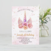 Invitation Belle aquarelle Floral Unicorn Horn Anniversaire (Debout devant)