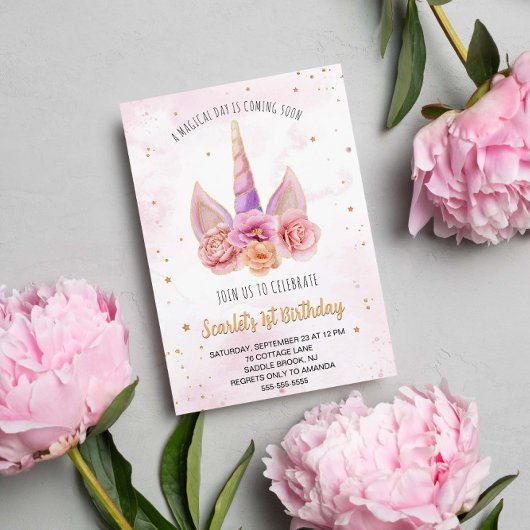 Invitation Belle aquarelle Floral Unicorn Horn Anniversaire