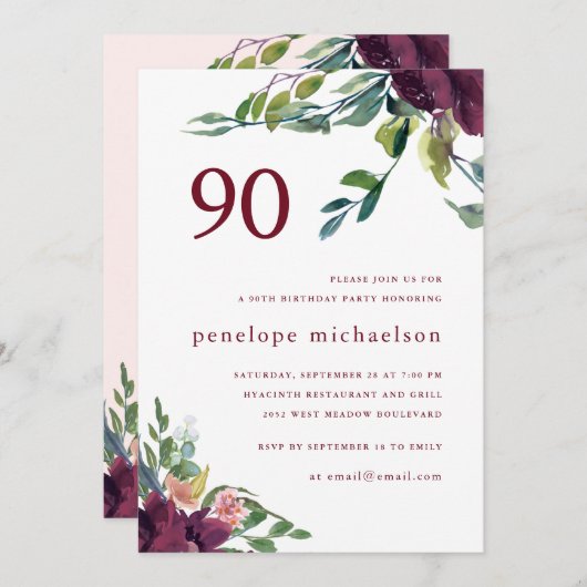 Invitation Belle aquarelle Florale 90e anniversaire (Devant / Derrière)