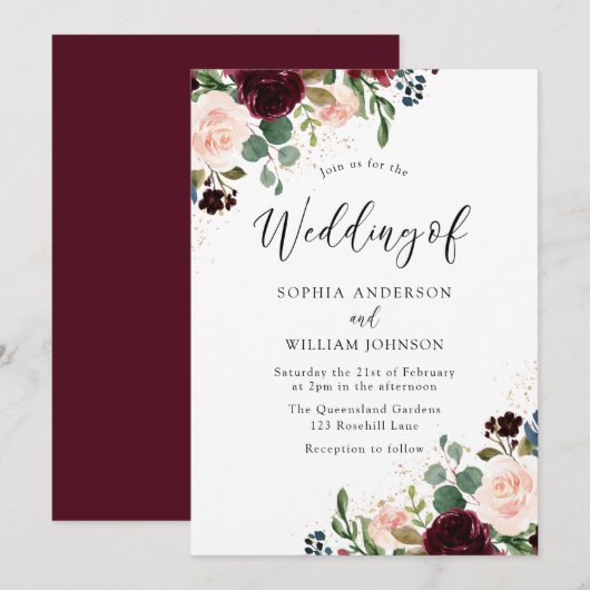 Invitation Belle aquarelle florale Mariage Bourgogne (Devant / Derrière)
