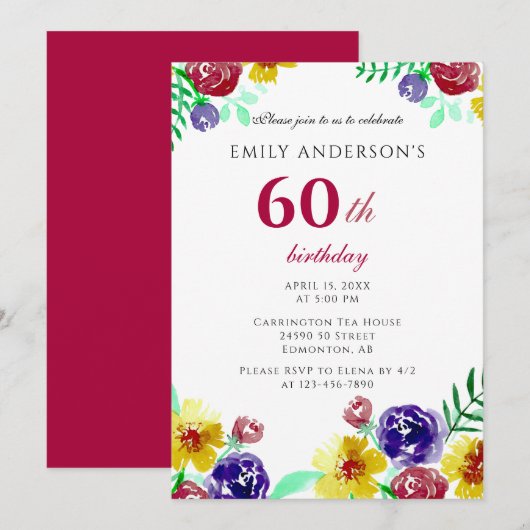 Invitation Belle aquarelle Flowers 60e anniversaire femme (Devant / Derrière)