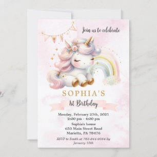 Invitation Belle aquarelle licorne et arc-en-ciel Anniversair