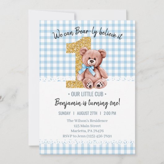 Invitation Belle aquarelle Teddy Bear 1er anniversaire (Devant)