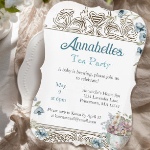 Invitation Belle Baby Shower Fête de Thé Florale Bleue